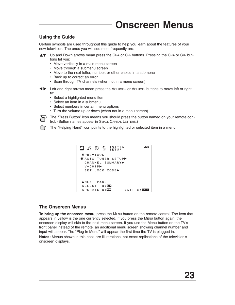 Onscreen menus | JVC AV 27D503 User Manual | Page 23 / 56