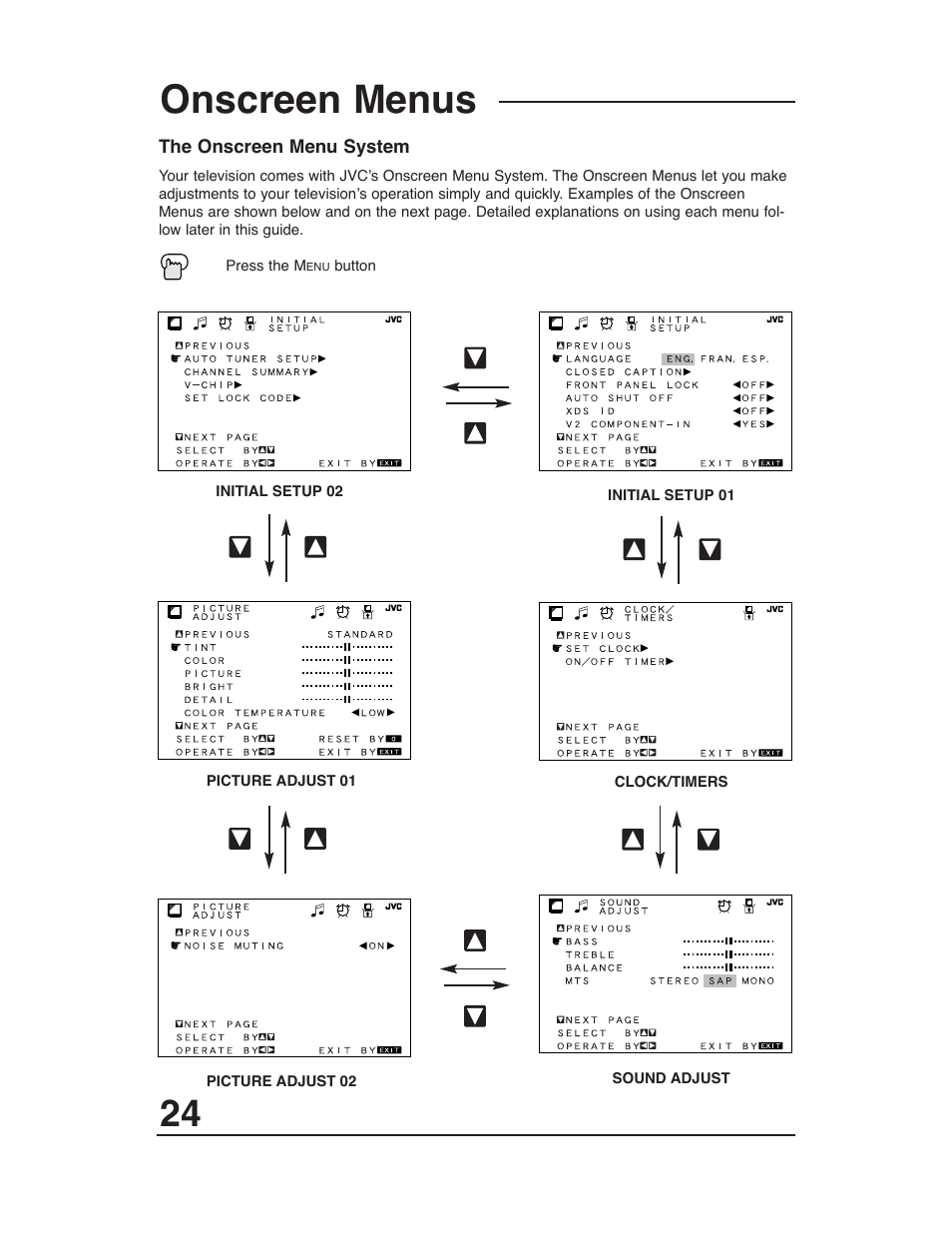 Onscreen menus | JVC AV 27D503 User Manual | Page 24 / 56