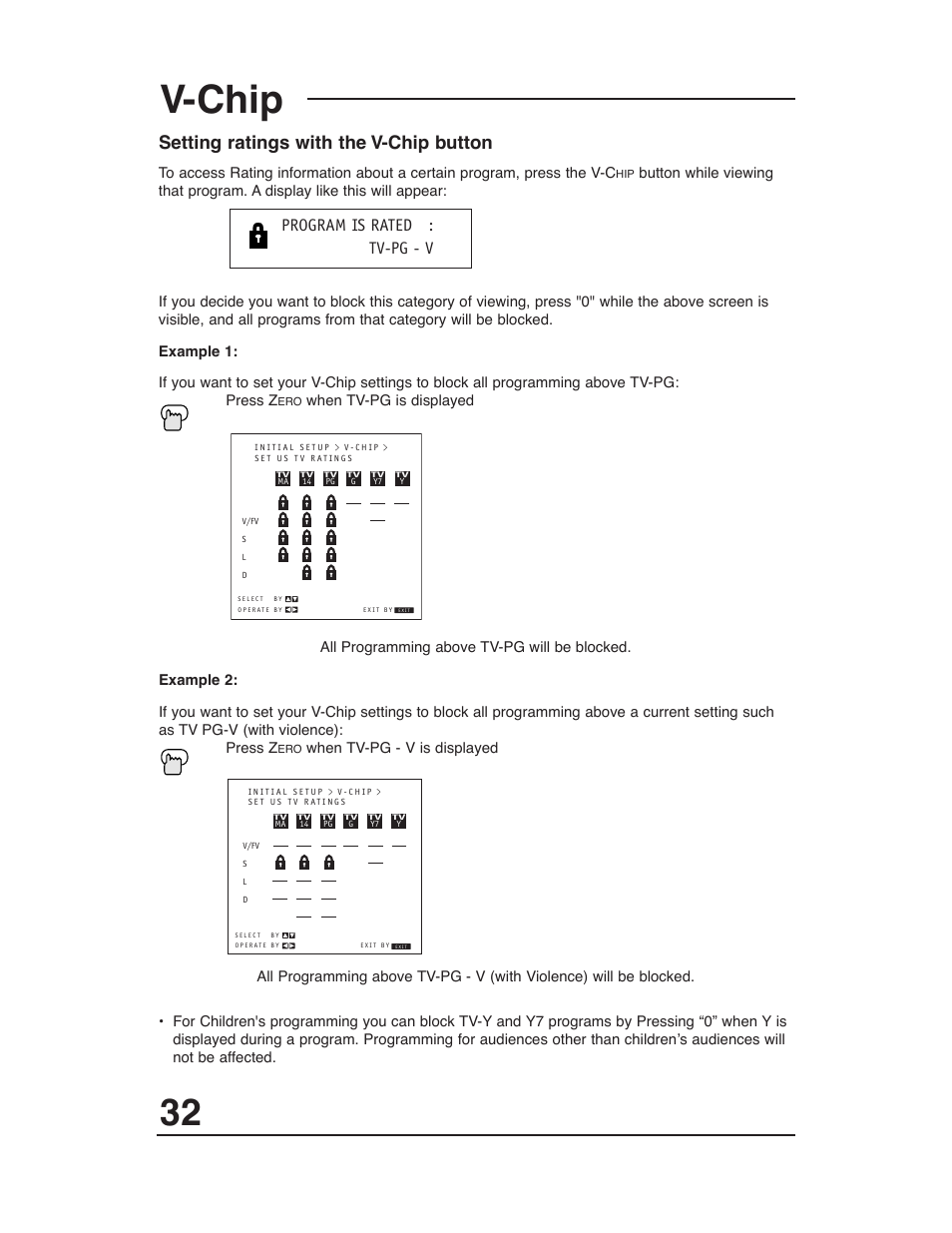 V-chip, Setting ratings with the v-chip button, Program is rated : tv-pg - v | JVC AV 27D503 User Manual | Page 32 / 56