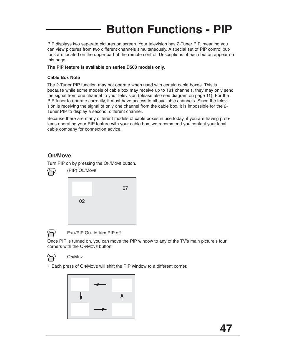 Button functions - pip, On/move | JVC AV 27D503 User Manual | Page 47 / 56
