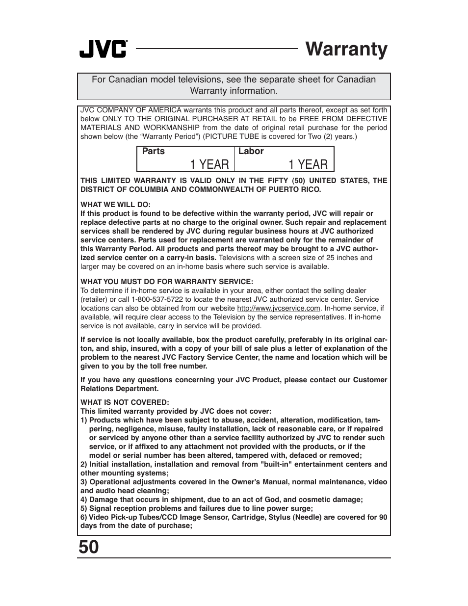 Warranty, 1 year | JVC AV 27D503 User Manual | Page 50 / 56