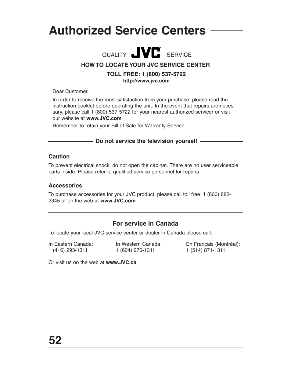 Authorized service centers | JVC AV 27D503 User Manual | Page 52 / 56