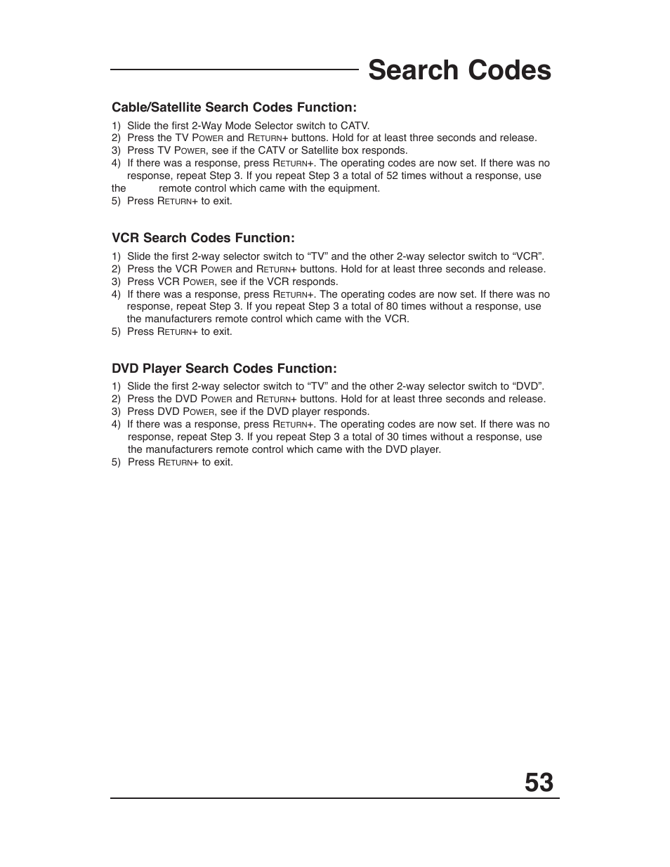 Search codes, Cable/satellite search codes function, Vcr search codes function | Dvd player search codes function | JVC AV 27D503 User Manual | Page 53 / 56