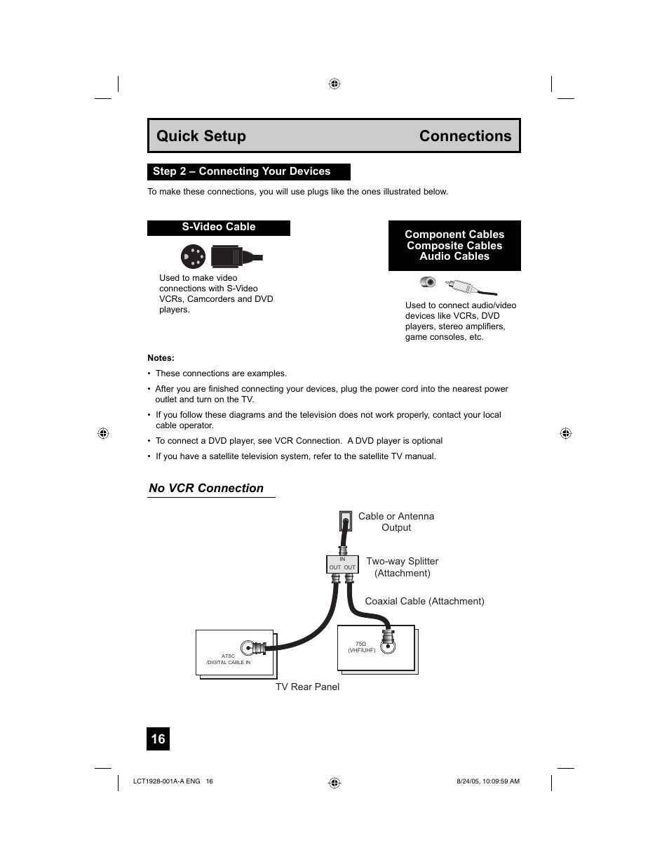 Quick setup connections, No vcr connection | JVC HD-61Z456 User Manual | Page 16 / 88