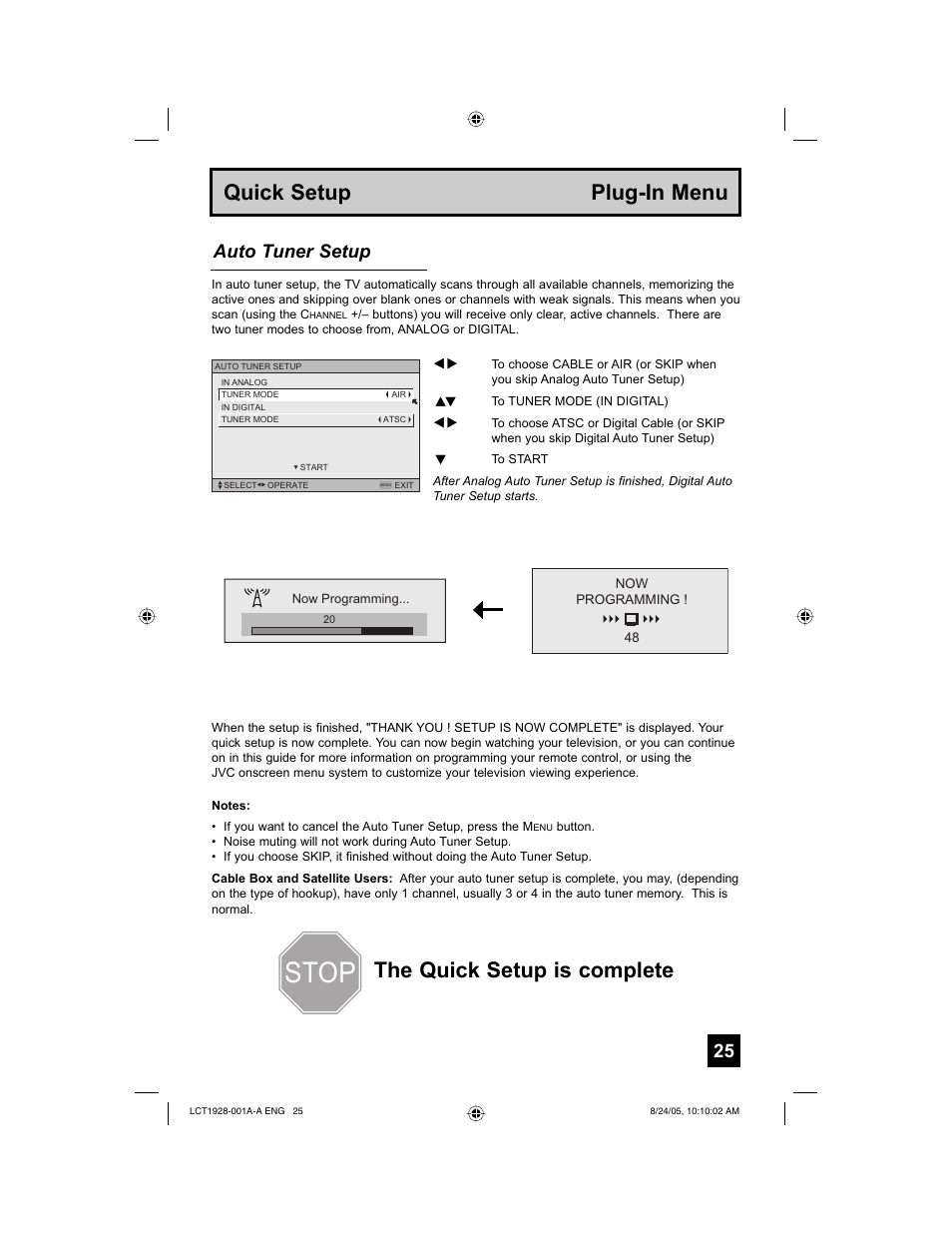 Stop, Auto tuner setup | JVC HD-61Z456 User Manual | Page 25 / 88