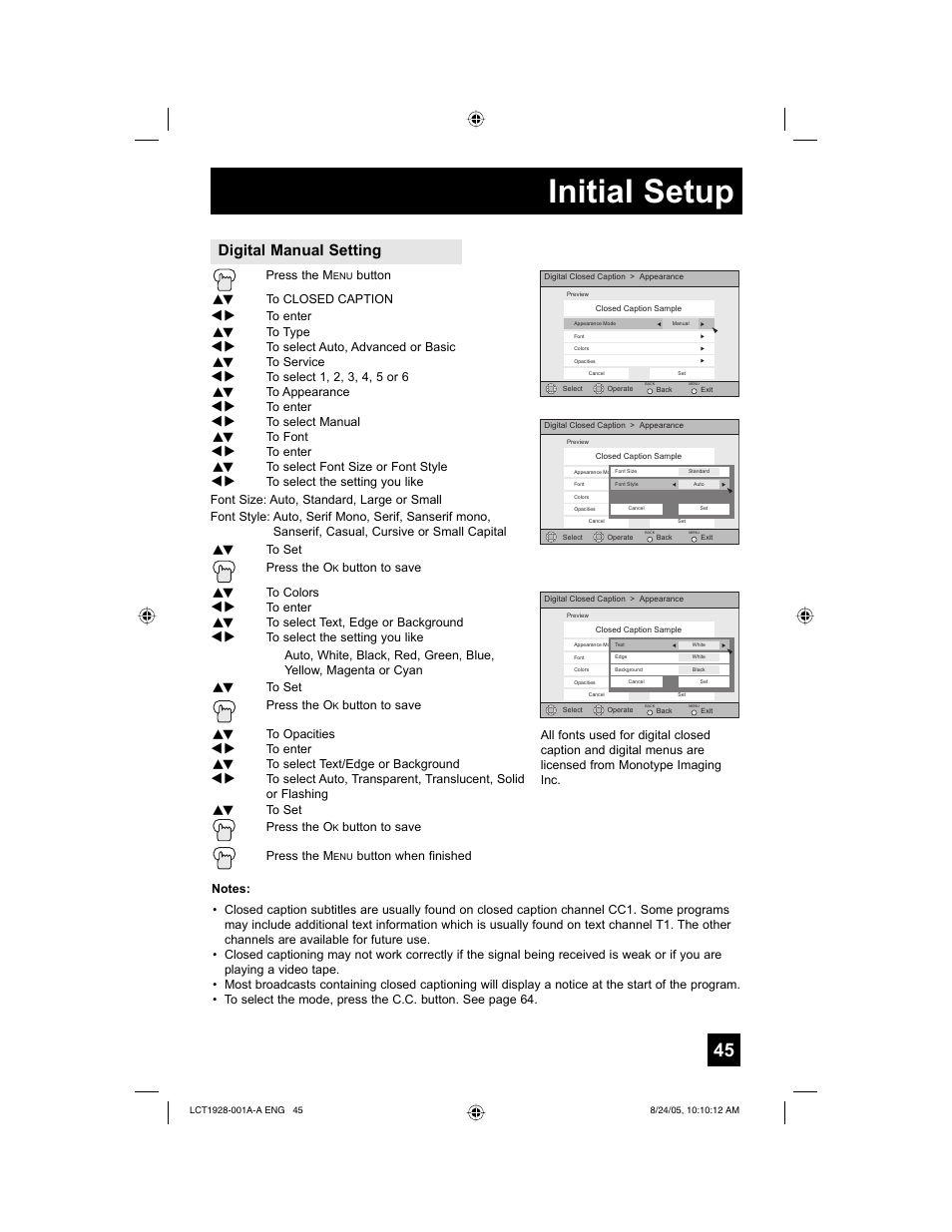 Initial setup, Digital manual setting | JVC HD-61Z456 User Manual | Page 45 / 88