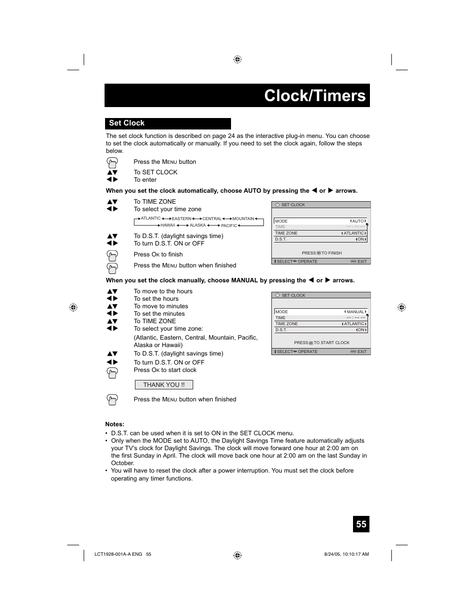 Clock/timers, Set clock | JVC HD-61Z456 User Manual | Page 55 / 88