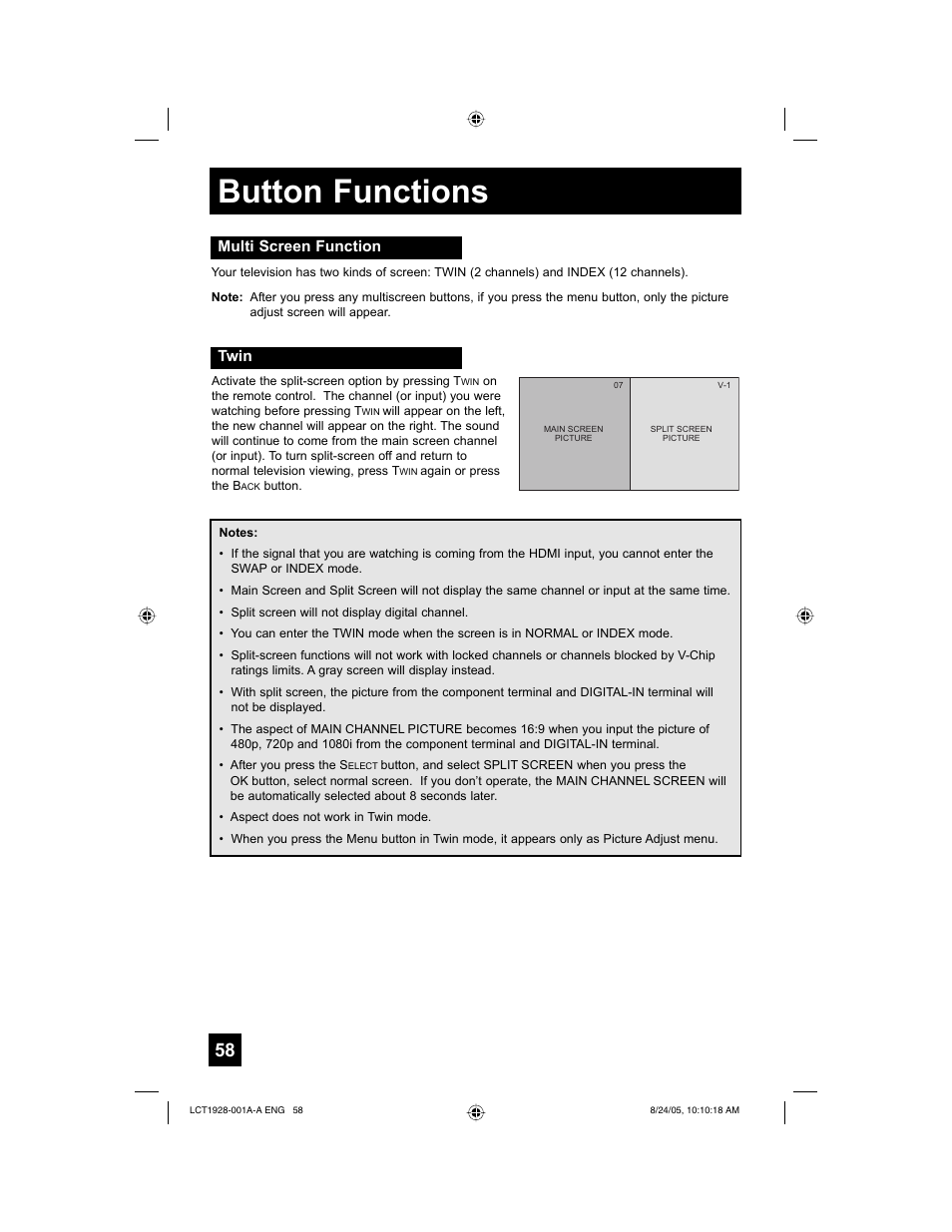 Button functions | JVC HD-61Z456 User Manual | Page 58 / 88