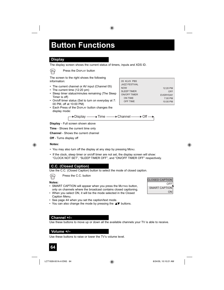 Button functions | JVC HD-61Z456 User Manual | Page 64 / 88