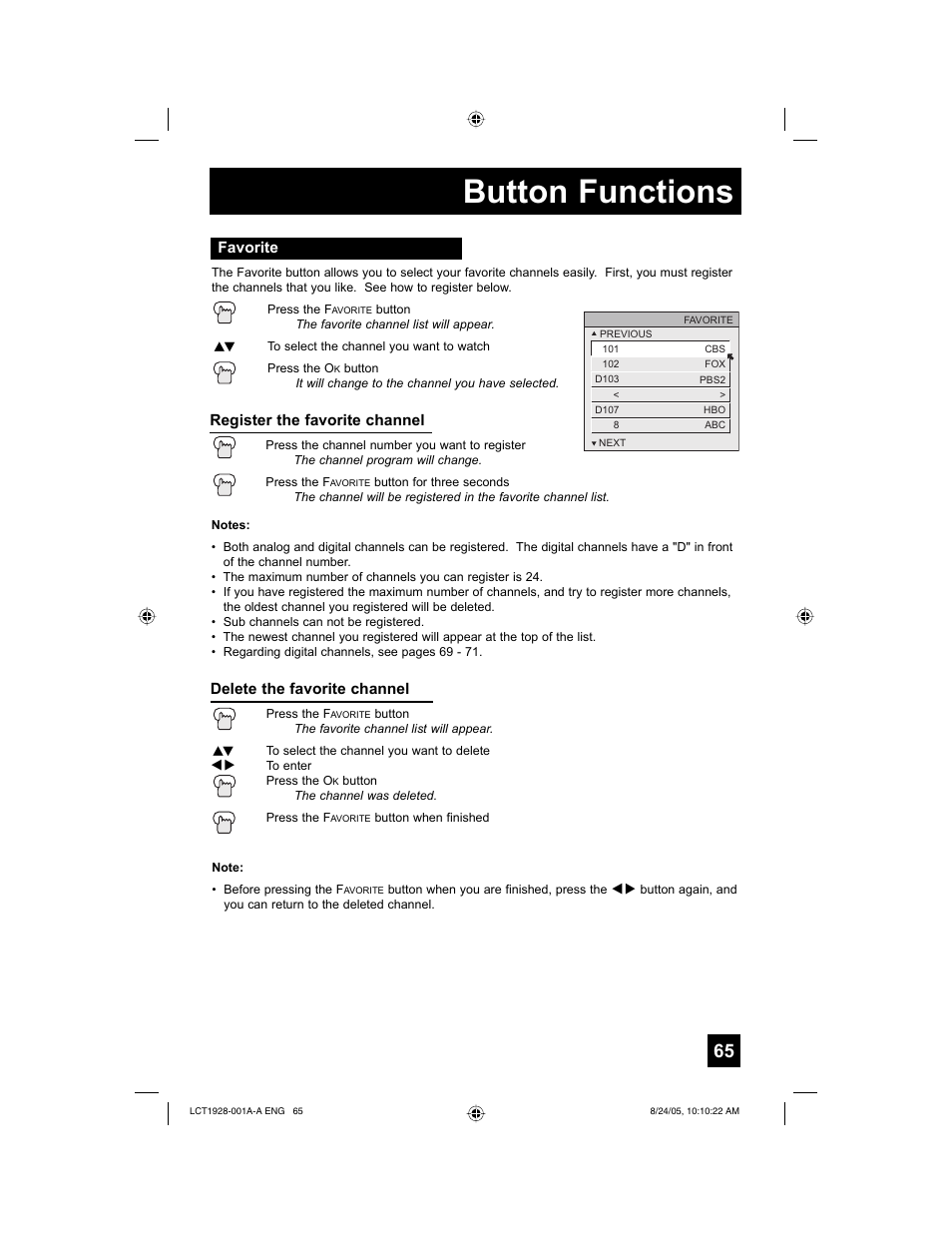 Button functions | JVC HD-61Z456 User Manual | Page 65 / 88