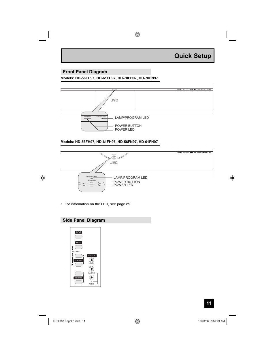 Front panel diagram, Side panel diagram, Quick setup | Power lamp/program, Push lamp/program | JVC HD-56FN97 User Manual | Page 11 / 96