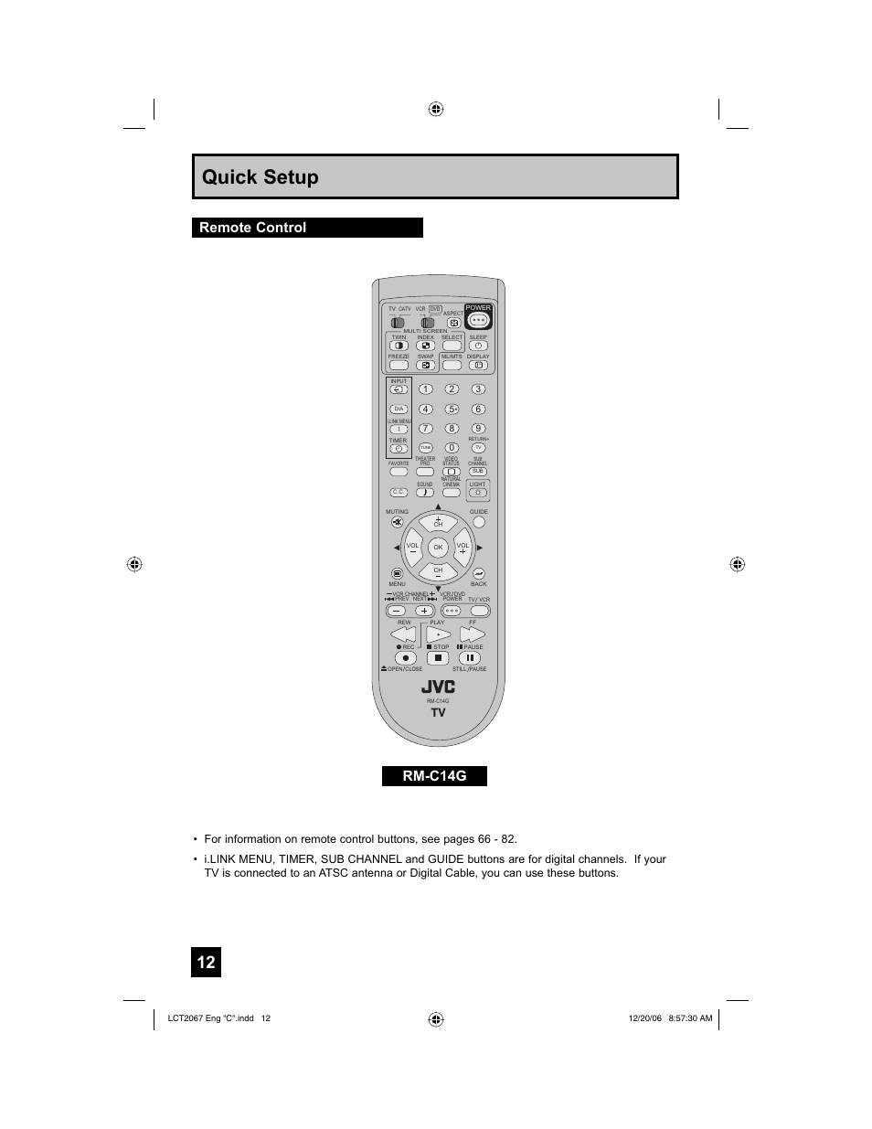 Remote control, Quick setup, Rm-c14g | JVC HD-56FN97 User Manual | Page 12 / 96