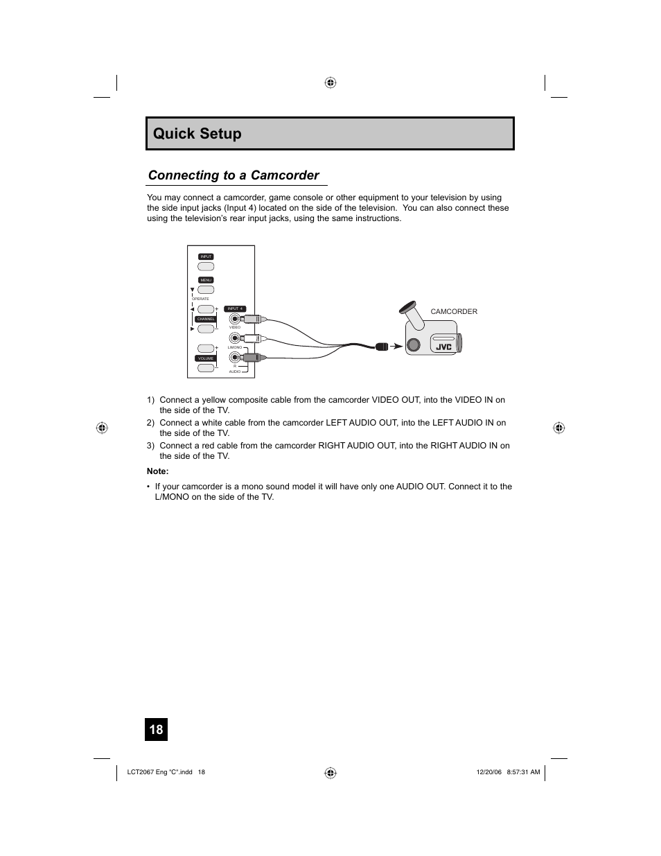 Quick setup, Connecting to a camcorder | JVC HD-56FN97 User Manual | Page 18 / 96