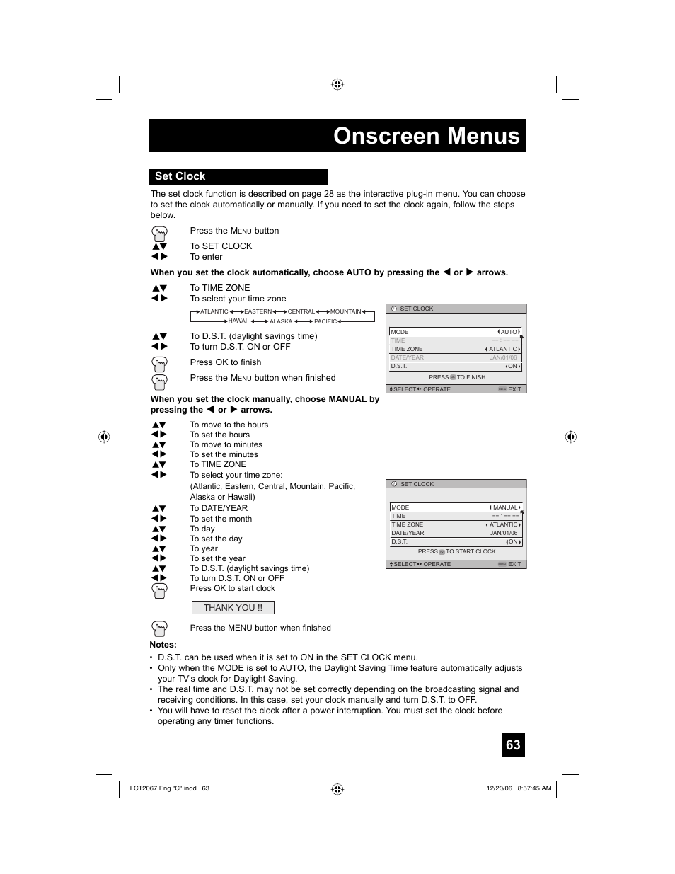 Set clock, Onscreen menus | JVC HD-56FN97 User Manual | Page 63 / 96