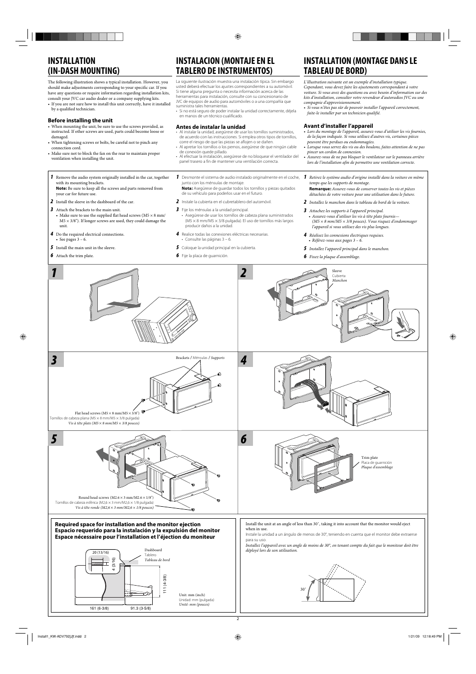 Installation (in-dash mounting), Installation (montage dans le tableau de bord) | JVC KW-ADV792 User Manual | Page 2 / 6