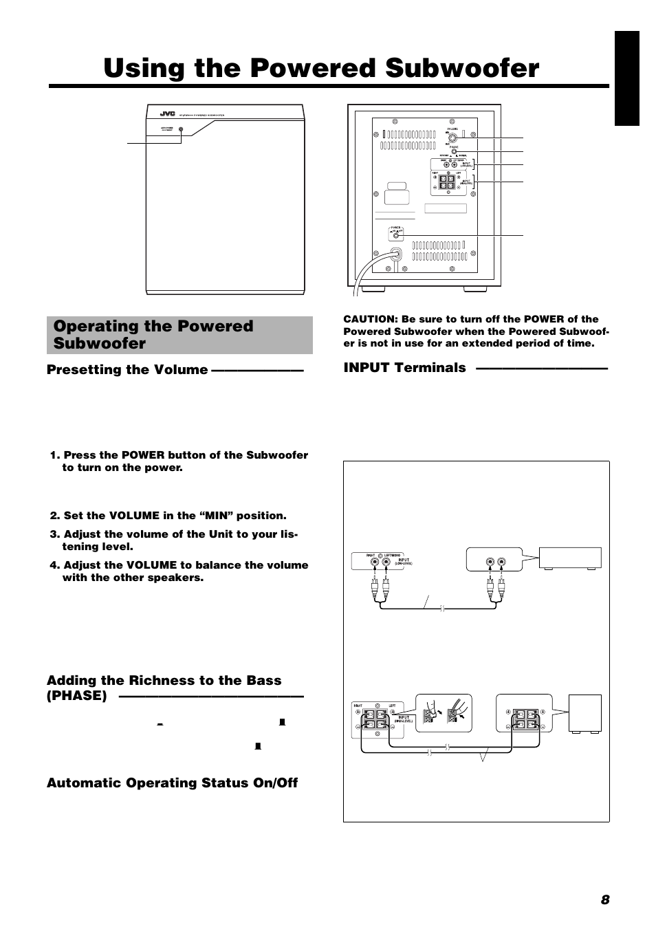 Using the powered subwoofer, Operating the powered subwoofer | JVC FS-8000 User Manual | Page 11 / 22