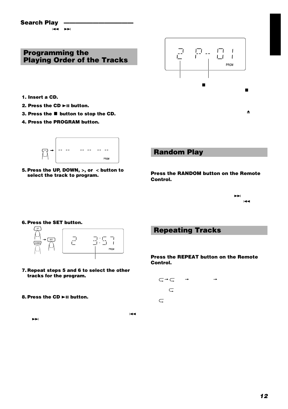 Programming the playing order of the tracks, Random play repeating tracks, 12 engli s h search play | JVC FS-8000 User Manual | Page 15 / 22