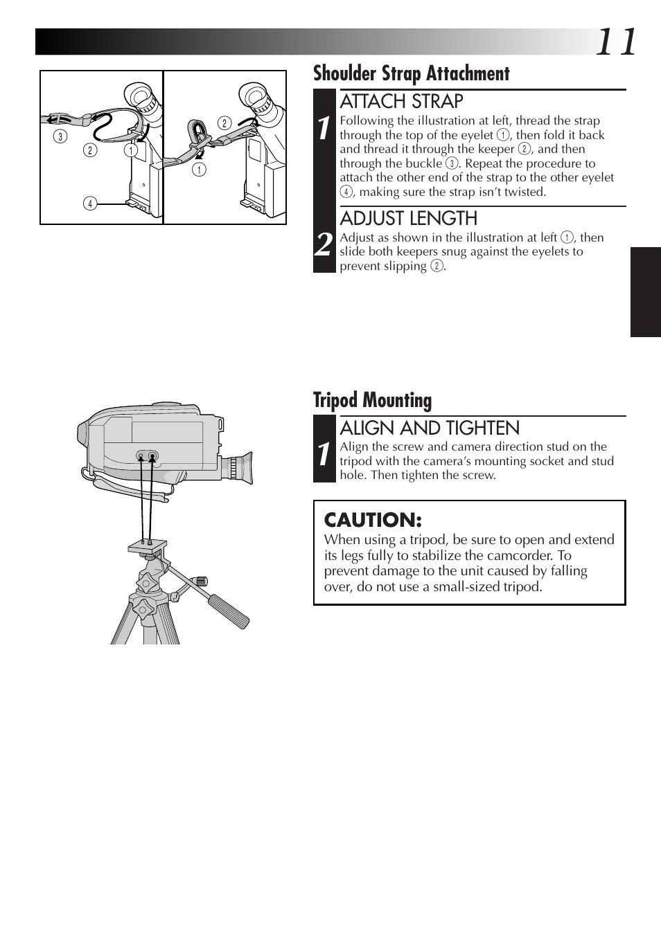 Tripod mounting, Shoulder strap attachment | JVC Compact VHS User Manual | Page 10 / 44