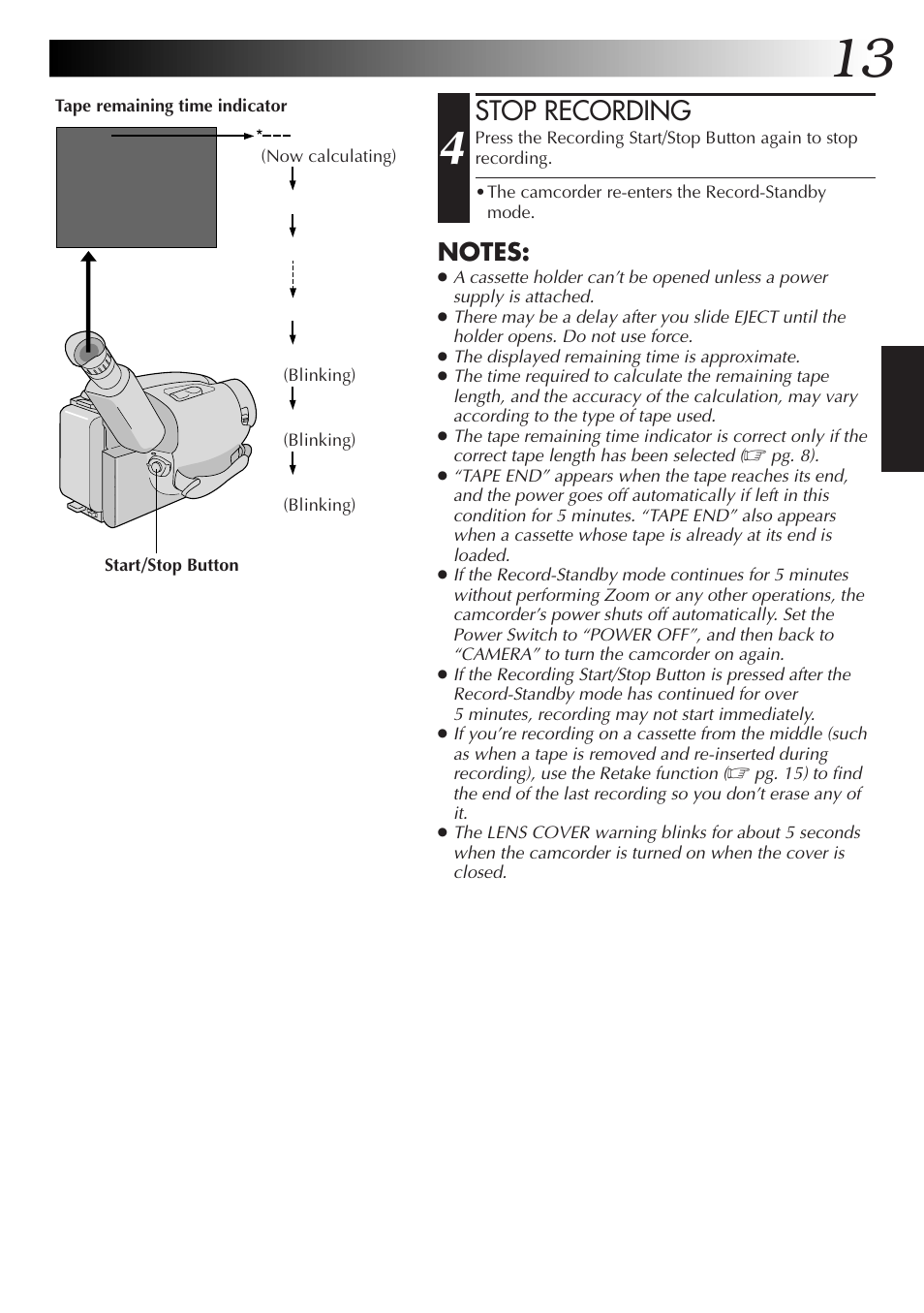 Stop recording | JVC Compact VHS User Manual | Page 12 / 44