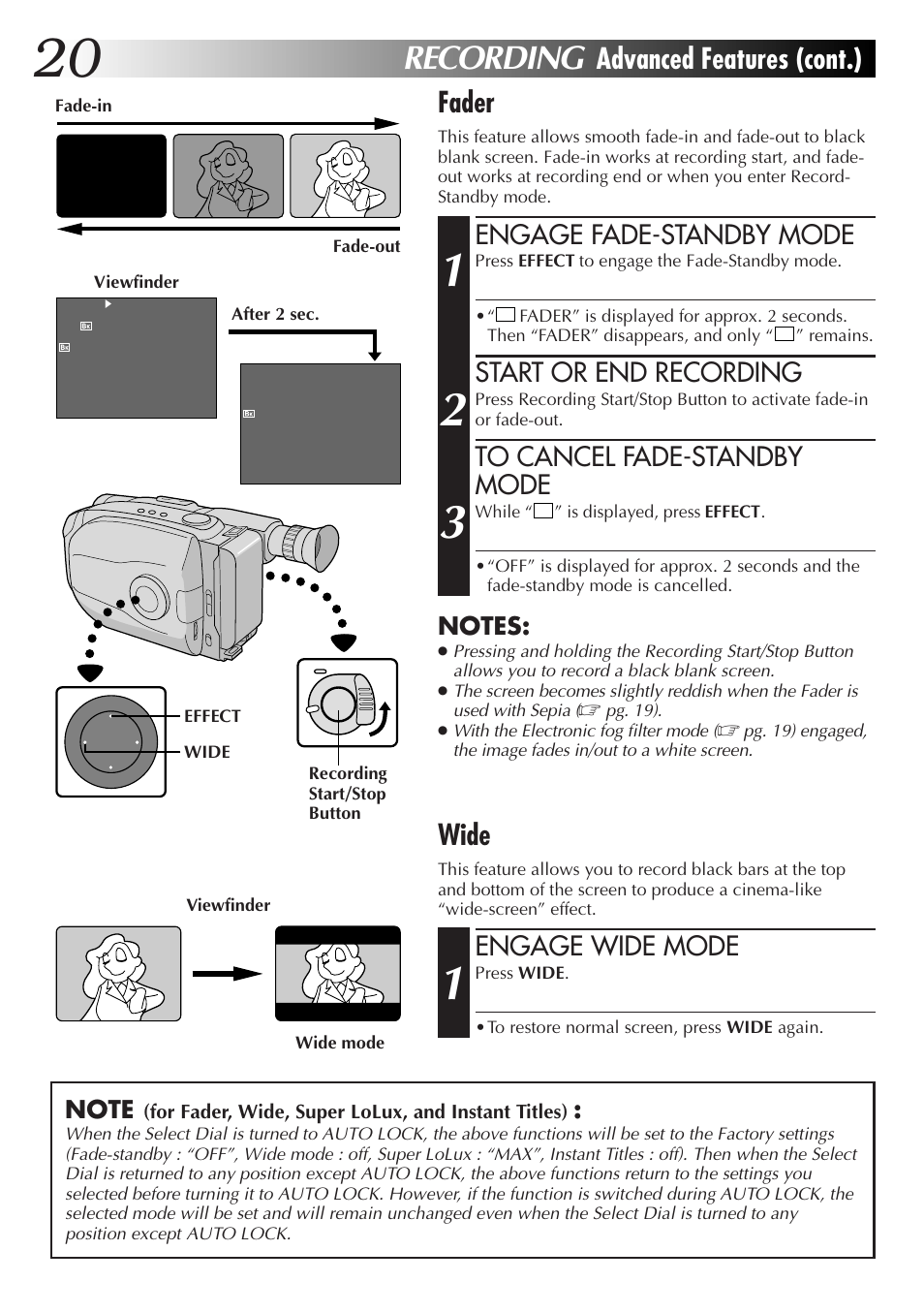 Recording, Advanced features (cont.) fader, Wide | Engage fade-standby mode, Start or end recording, Engage wide mode | JVC Compact VHS User Manual | Page 19 / 44