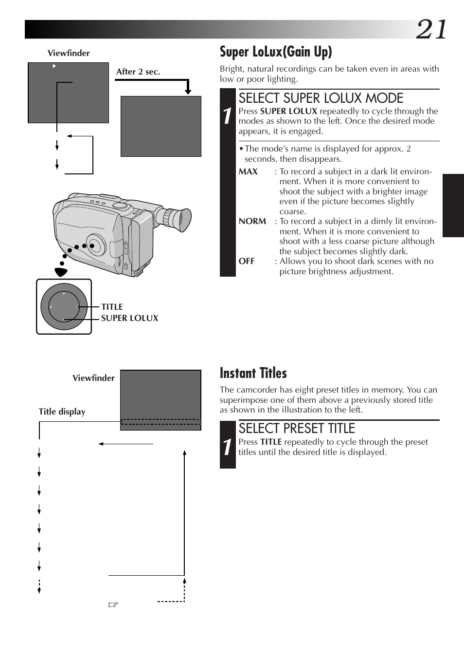 Super lolux(gain up), Instant titles, Select super lolux mode | Select preset title | JVC Compact VHS User Manual | Page 20 / 44