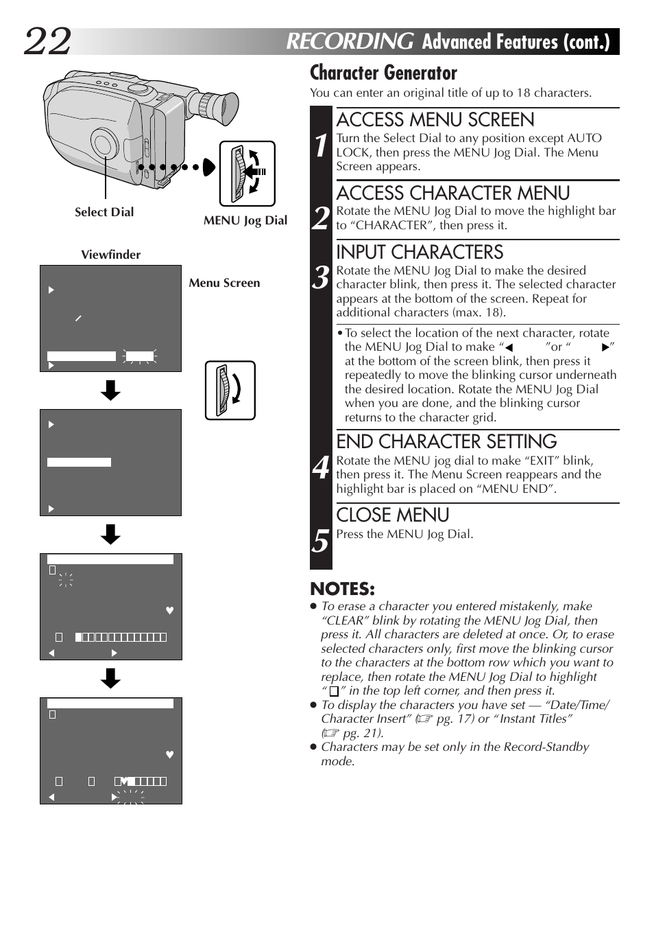Recording, Character generator, Advanced features (cont.) | Access menu screen, Access character menu, Input characters, End character setting, Close menu | JVC Compact VHS User Manual | Page 21 / 44
