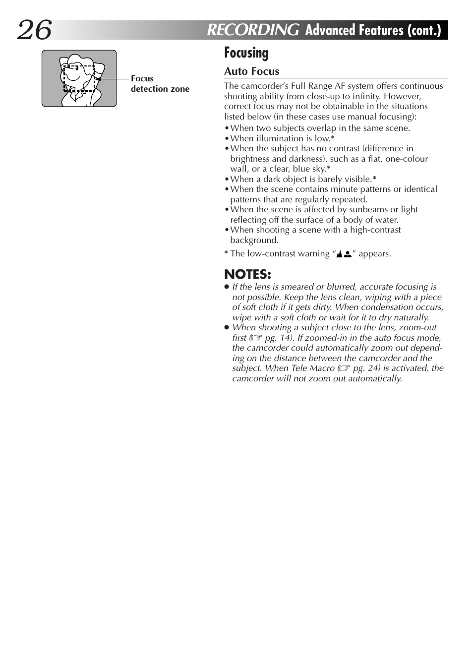 Recording, Advanced features (cont.) focusing | JVC Compact VHS User Manual | Page 25 / 44