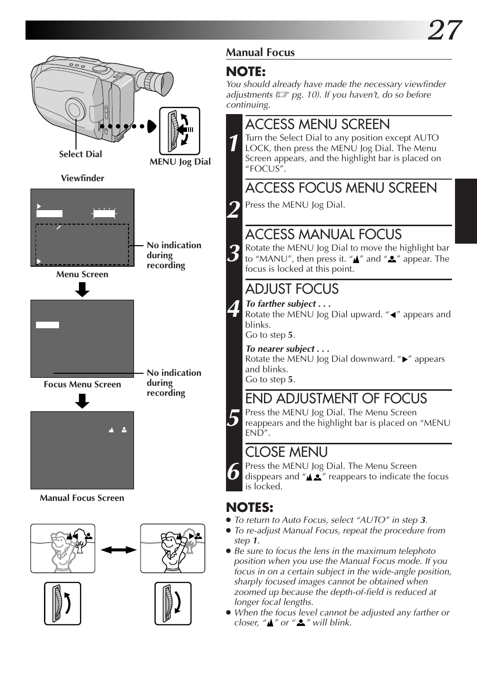 Access menu screen, Access focus menu screen, Access manual focus | Adjust focus, End adjustment of focus, Close menu | JVC Compact VHS User Manual | Page 26 / 44