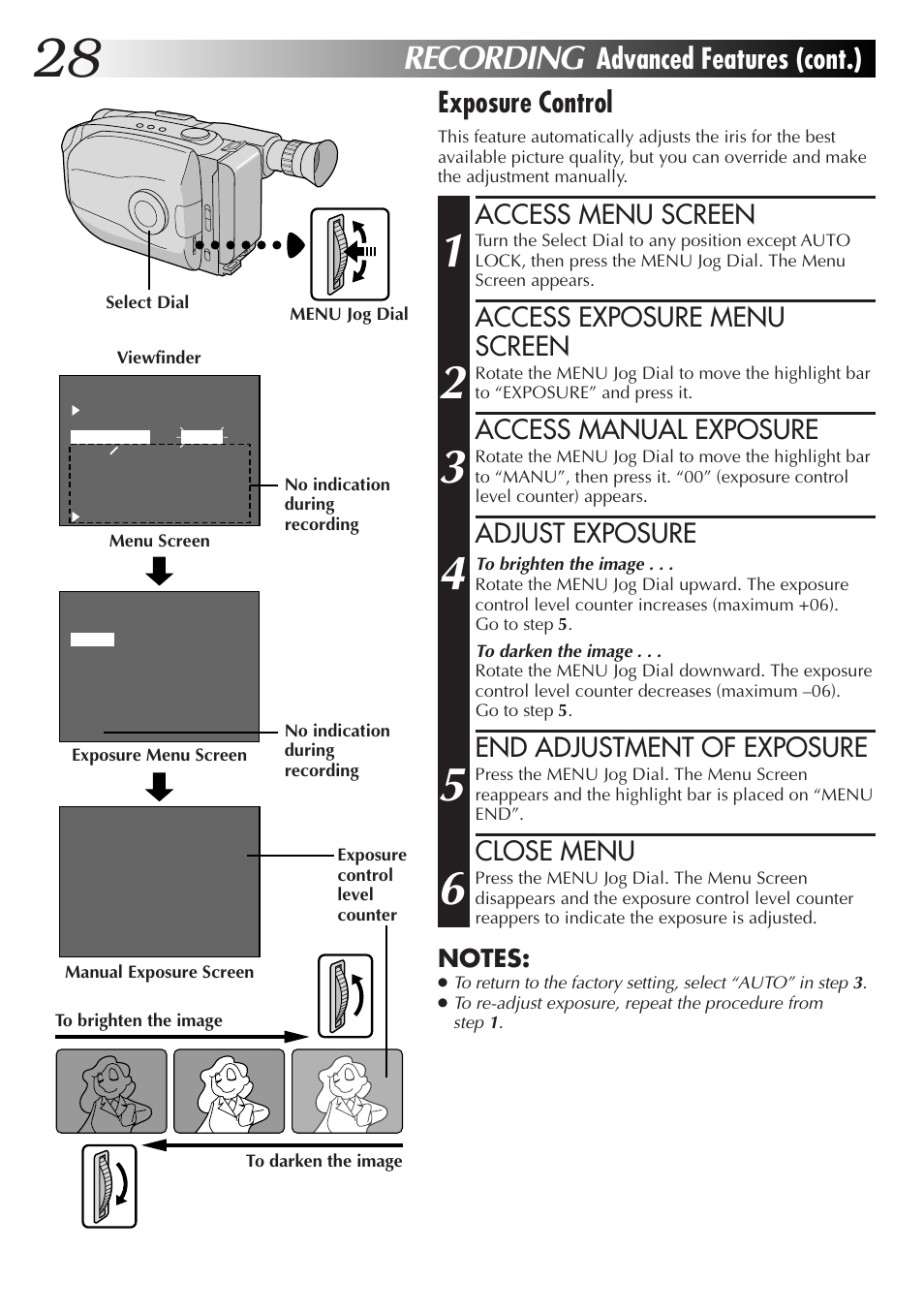 Recording, Advanced features (cont.) exposure control, Access menu screen | Access exposure menu screen, Access manual exposure, Adjust exposure, End adjustment of exposure, Close menu | JVC Compact VHS User Manual | Page 27 / 44