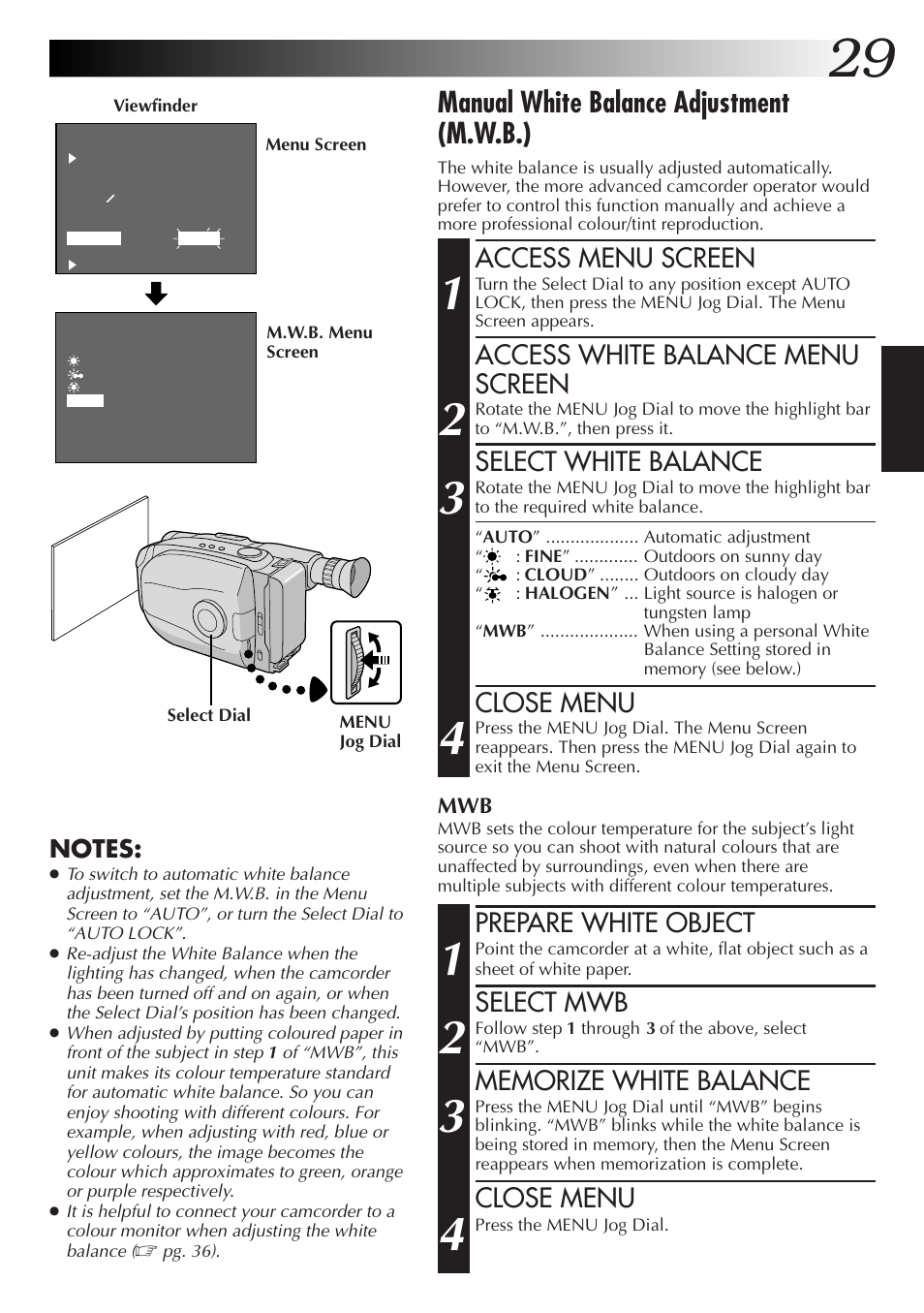 Manual white balance adjustment (m.w.b.), Access menu screen, Access white balance menu screen | Select white balance, Close menu, Prepare white object, Select mwb | JVC Compact VHS User Manual | Page 28 / 44