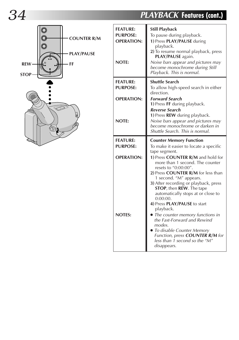 Playback, Features (cont.) | JVC Compact VHS User Manual | Page 33 / 44