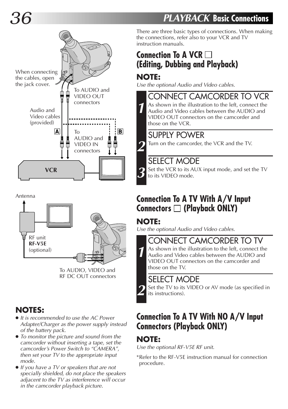Playback, Connection to a vcr, Editing, dubbing and playback) | Connection to a tv with a/v input connectors, Playback only), Basic connections | JVC Compact VHS User Manual | Page 35 / 44
