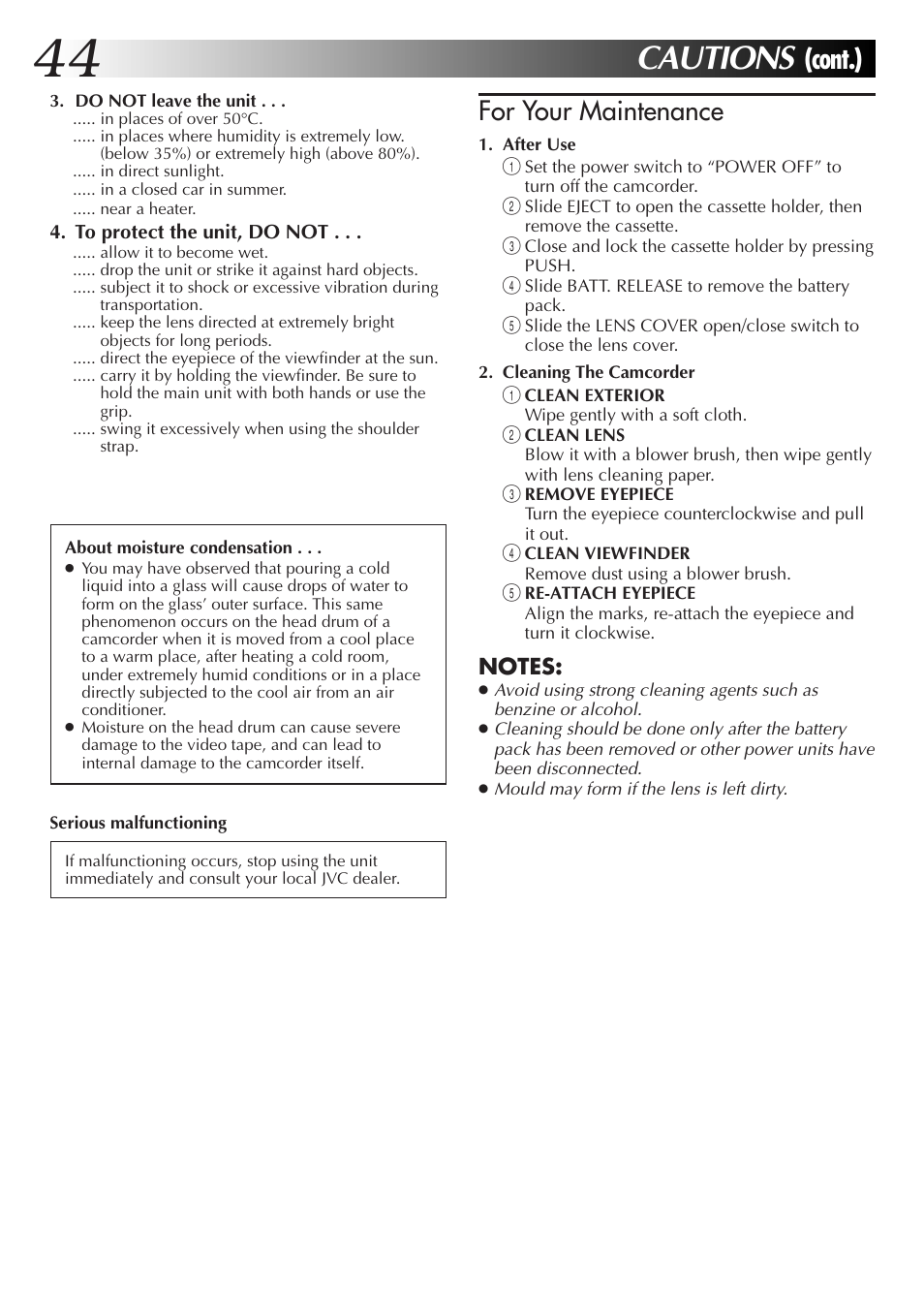 Cautions, Cont.), For your maintenance | JVC Compact VHS User Manual | Page 43 / 44