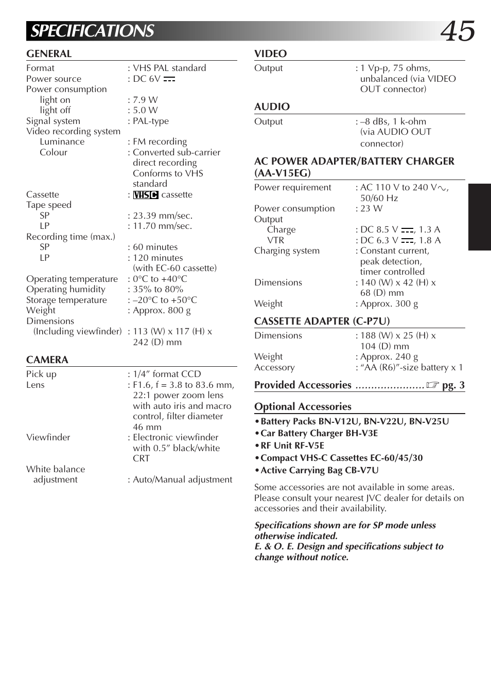 Specifications | JVC Compact VHS User Manual | Page 44 / 44