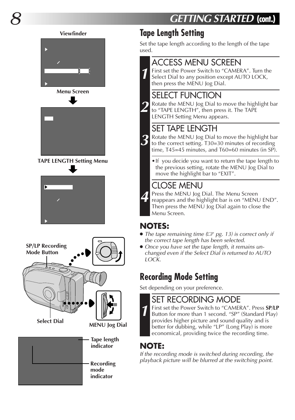 Getting started, Cont.) tape length setting, Recording mode setting | Access menu screen, Select function, Set tape length, Close menu, Set recording mode | JVC Compact VHS User Manual | Page 7 / 44