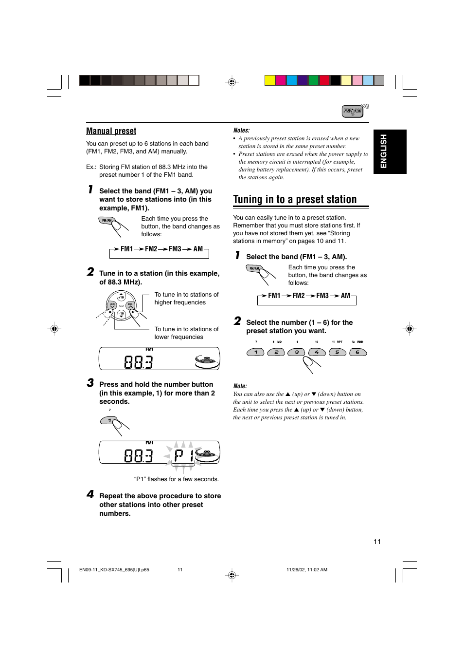 Tuning in to a preset station | JVC GET0133-001B User Manual | Page 11 / 32