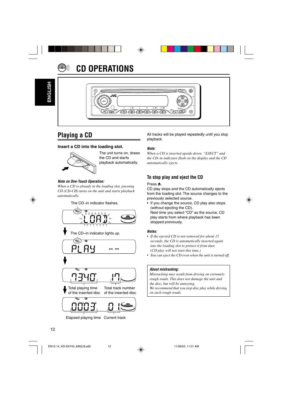 Cd operations, Playing a cd | JVC GET0133-001B User Manual | Page 12 / 32