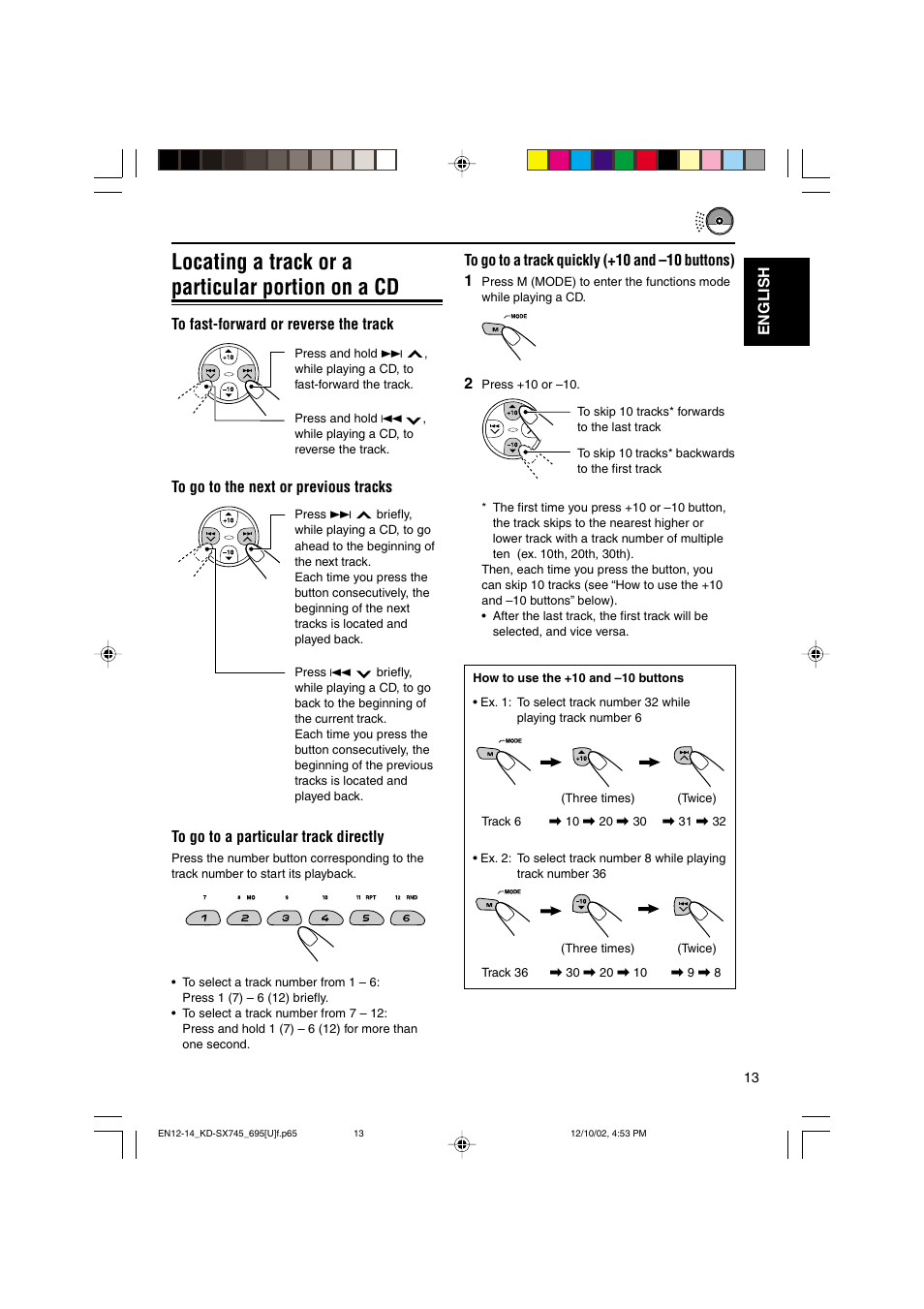 Locating a track or a particular portion on a cd, English | JVC GET0133-001B User Manual | Page 13 / 32