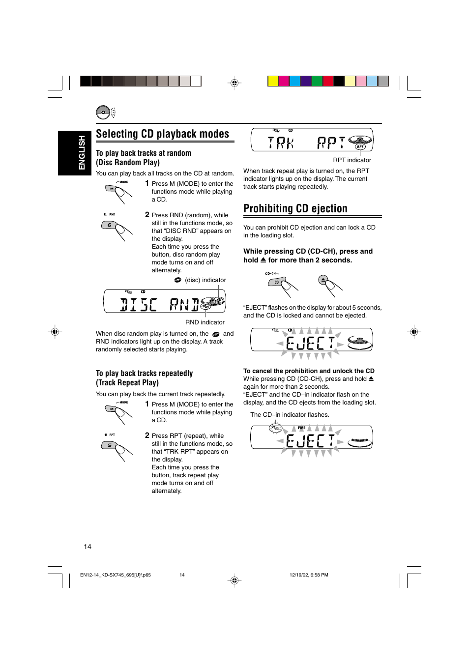 Prohibiting cd ejection, Selecting cd playback modes | JVC GET0133-001B User Manual | Page 14 / 32