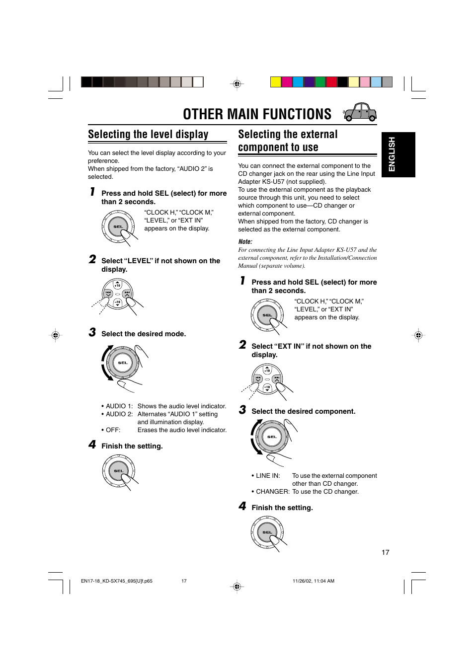 Other main functions, Selecting the level display, Selecting the external component to use | JVC GET0133-001B User Manual | Page 17 / 32