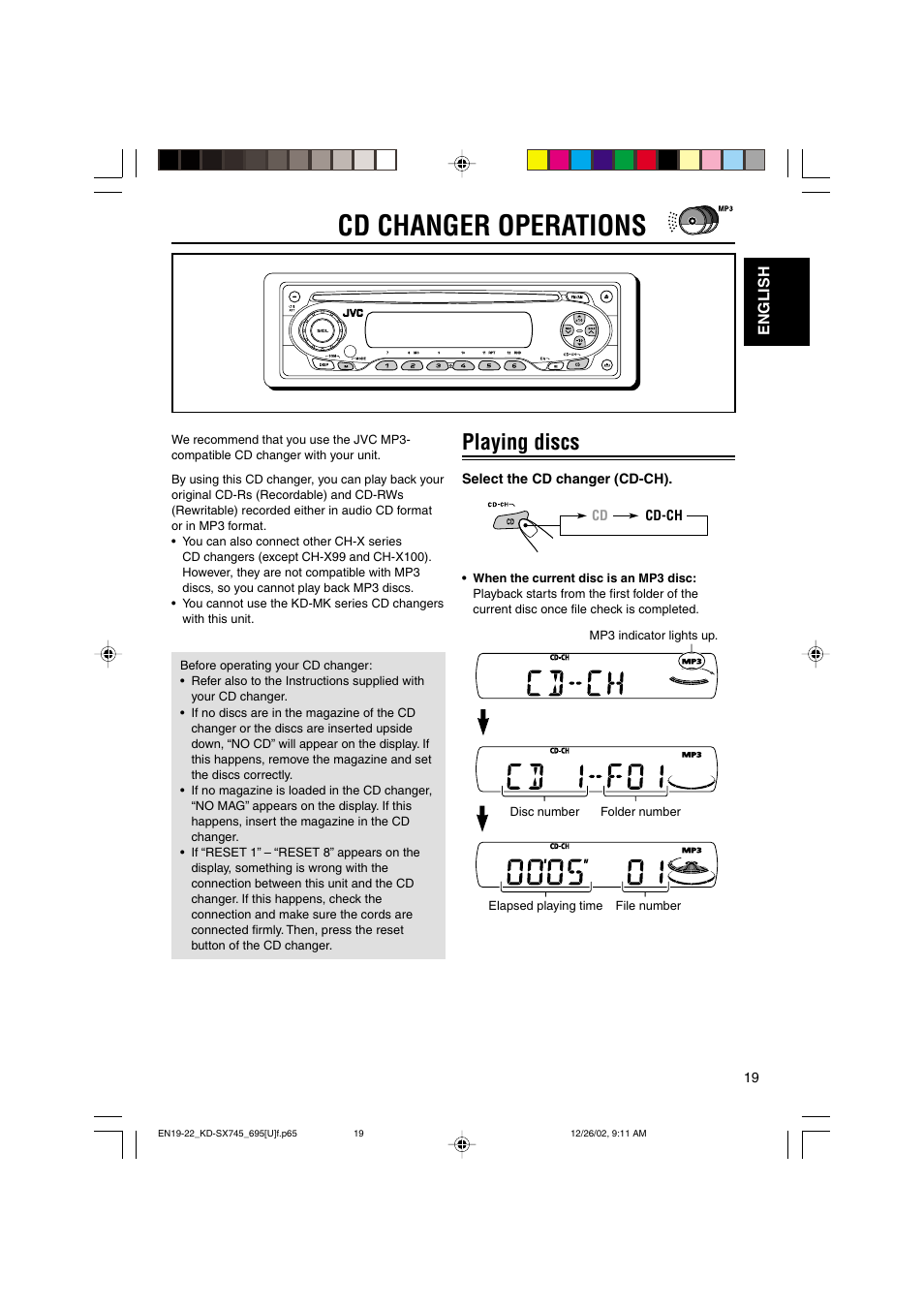 Cd changer operations, Playing discs | JVC GET0133-001B User Manual | Page 19 / 32