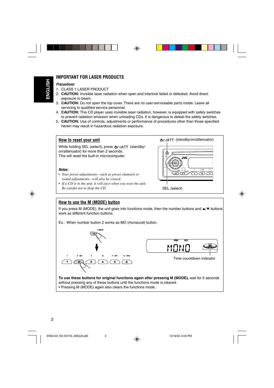 English important for laser products, How to reset your unit, How to use the m (mode) button | JVC GET0133-001B User Manual | Page 2 / 32