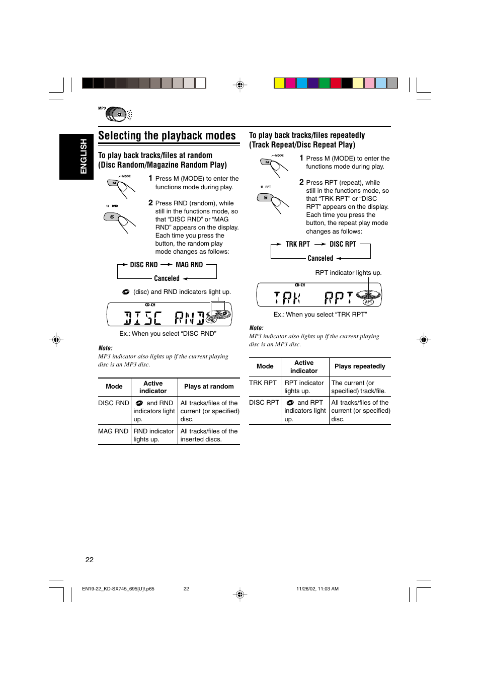 Selecting the playback modes | JVC GET0133-001B User Manual | Page 22 / 32