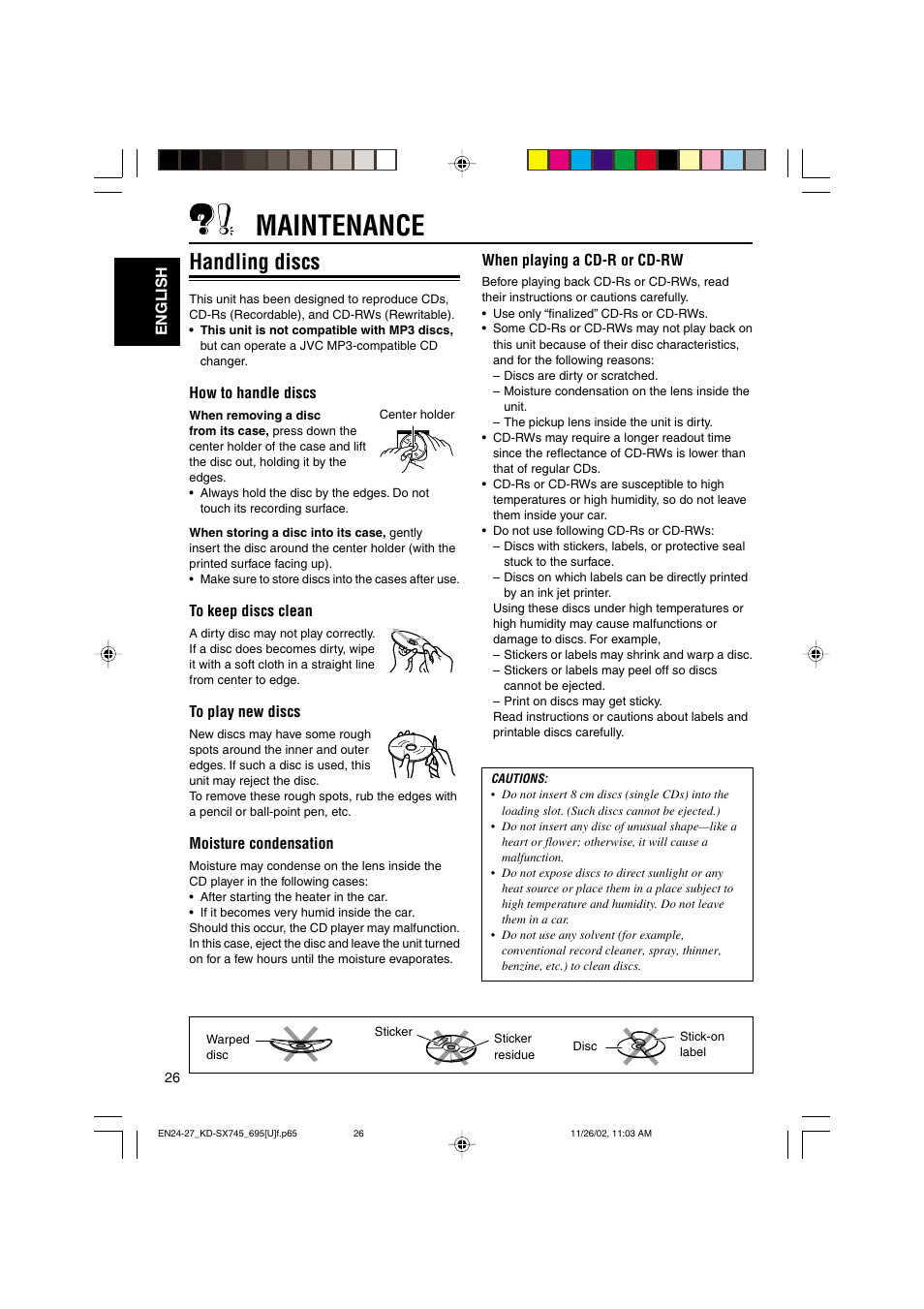 Maintenance, Handling discs | JVC GET0133-001B User Manual | Page 26 / 32