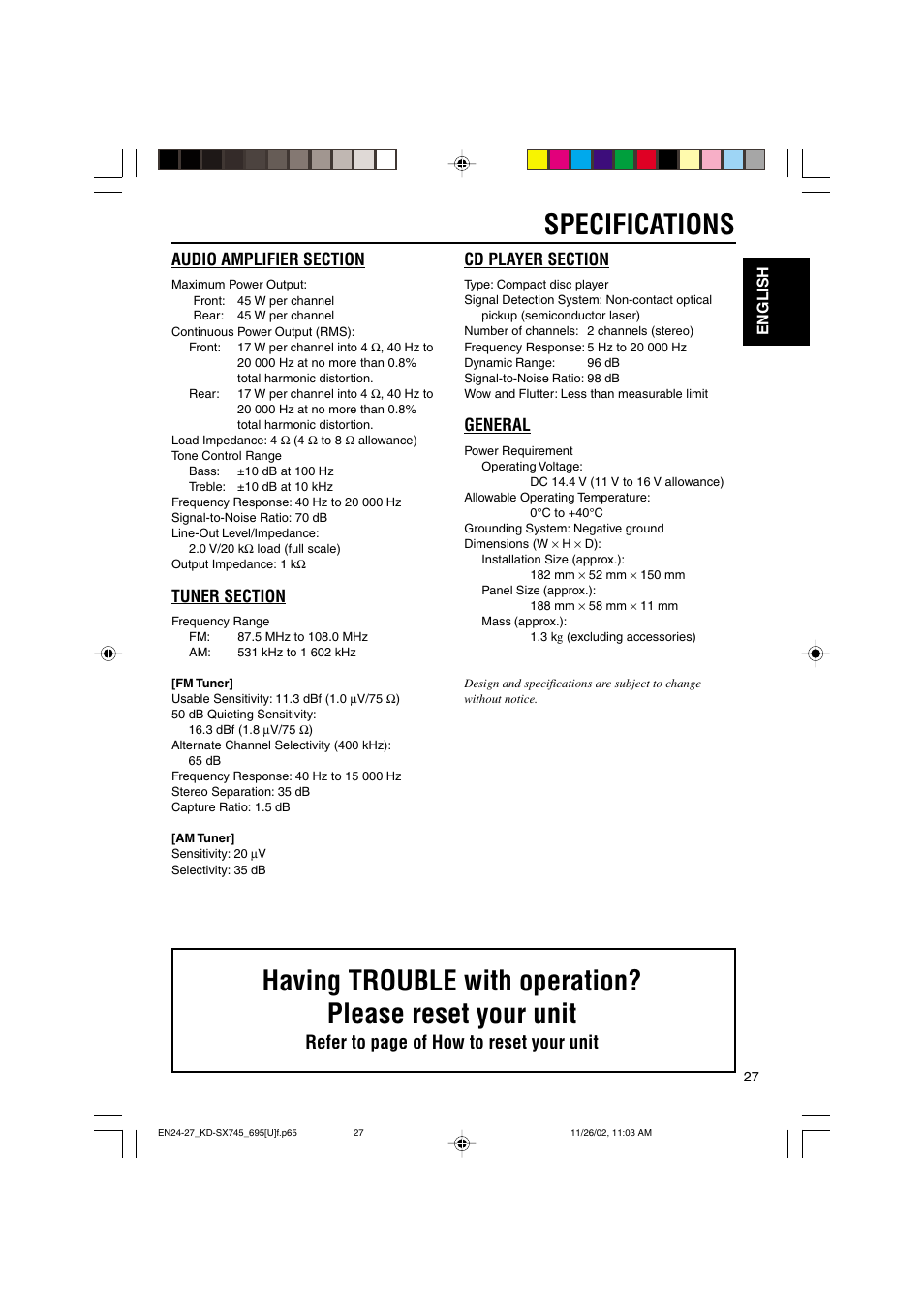 Specifications, Refer to page of how to reset your unit, General | JVC GET0133-001B User Manual | Page 27 / 32