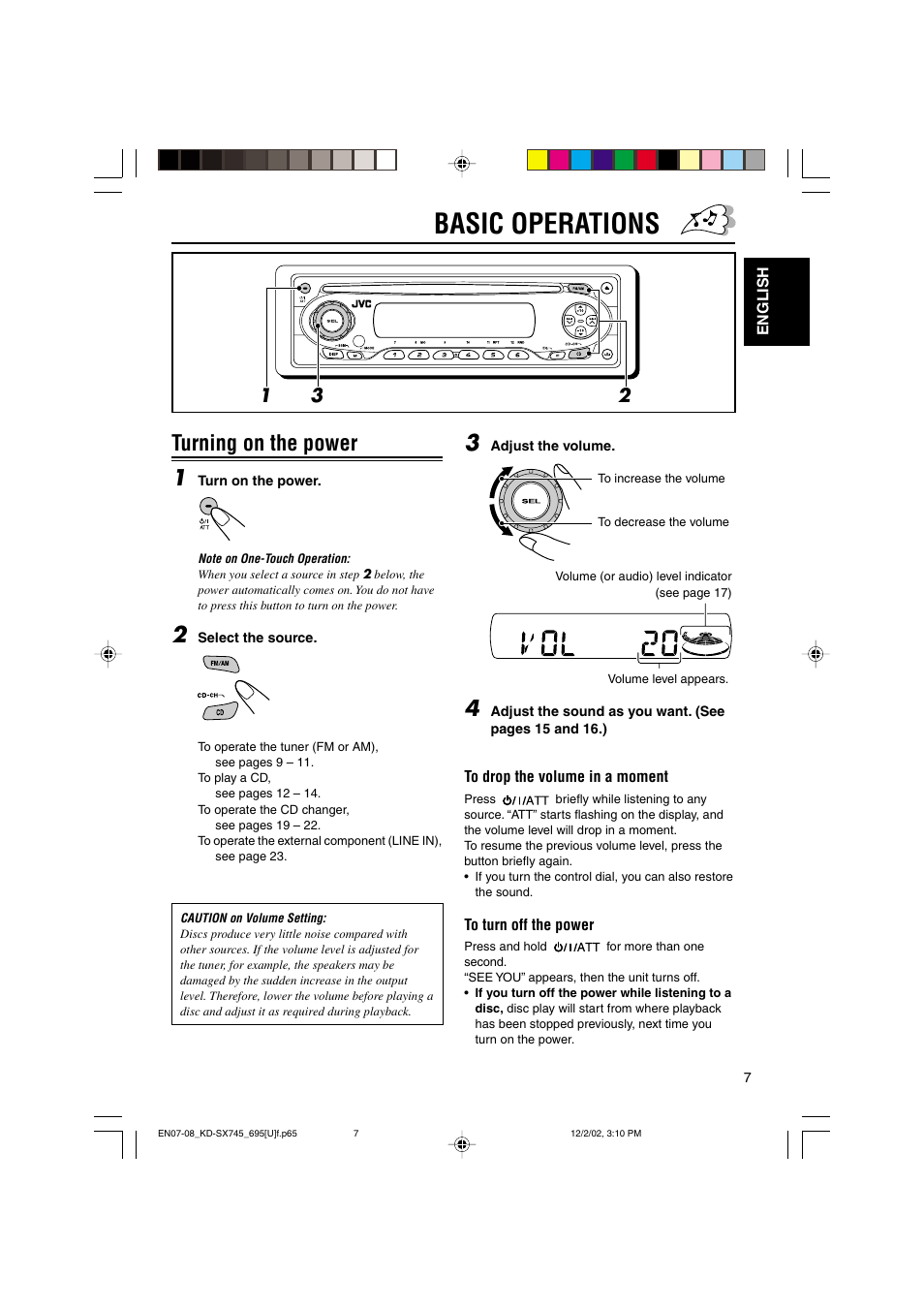 Basic operations, Turning on the power 1 | JVC GET0133-001B User Manual | Page 7 / 32