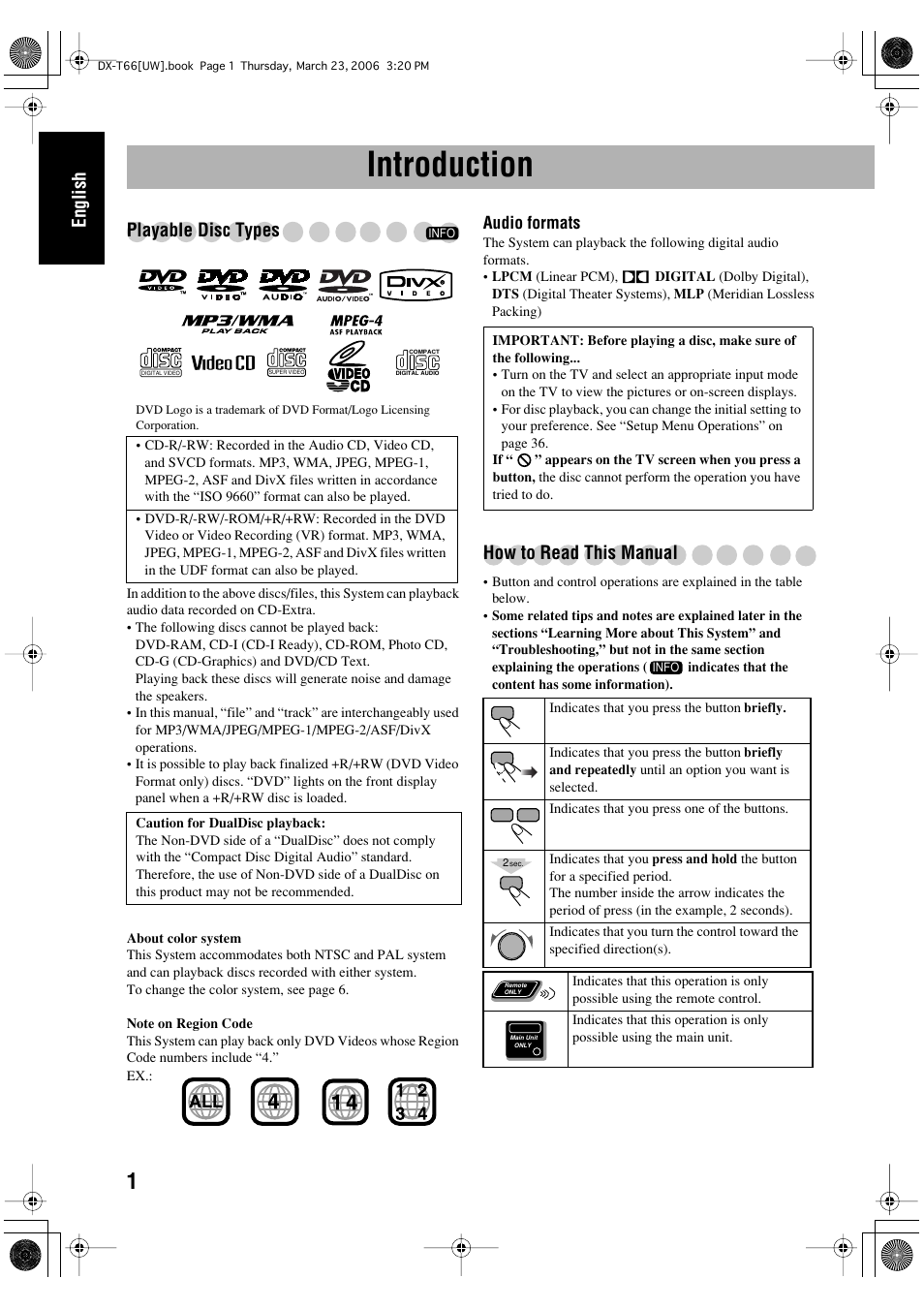 Introduction, English playable disc types, How to read this manual | JVC DX-T66 User Manual | Page 104 / 356