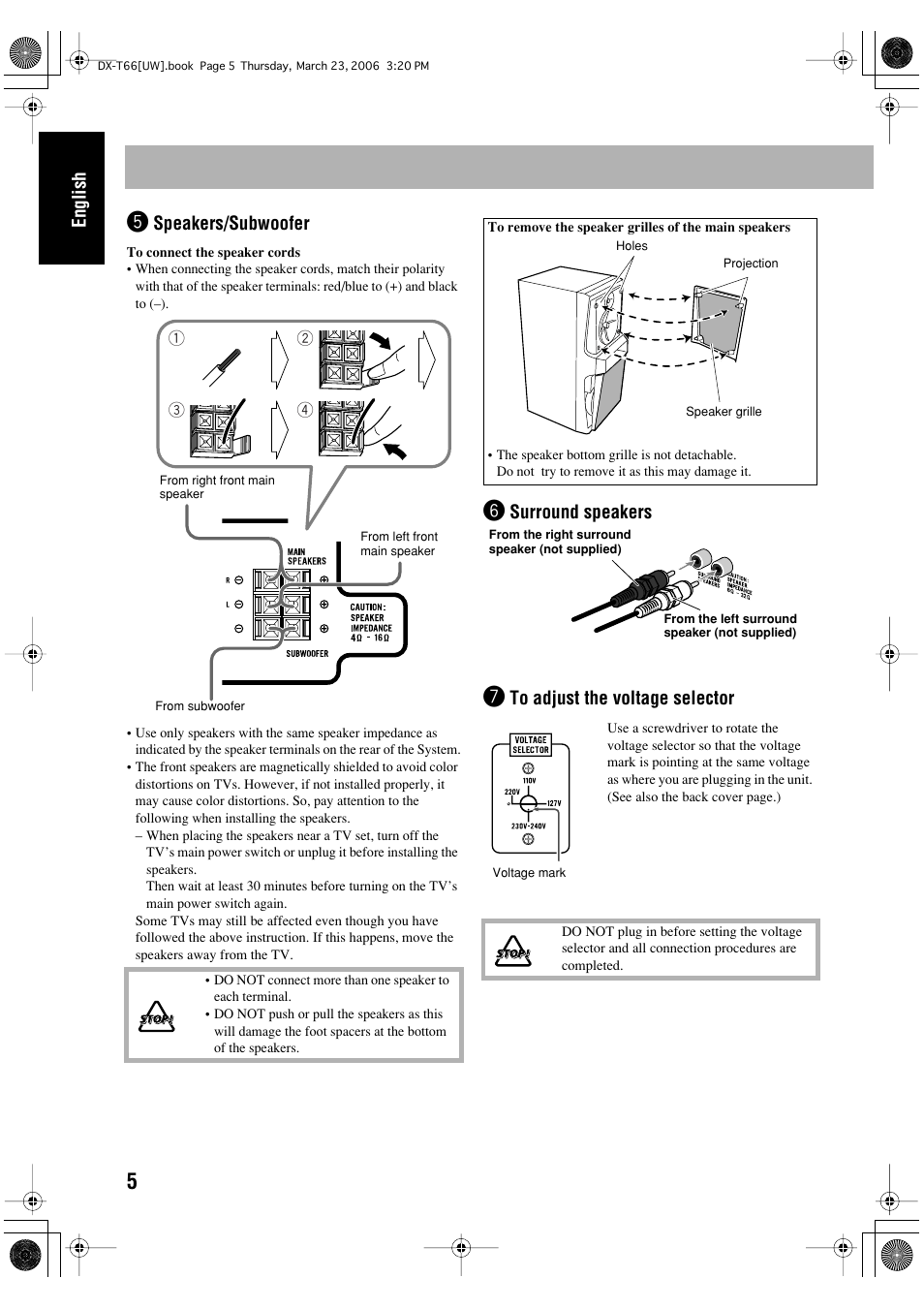 English, Speakers/subwoofer, Surround speakers | JVC DX-T66 User Manual | Page 108 / 356