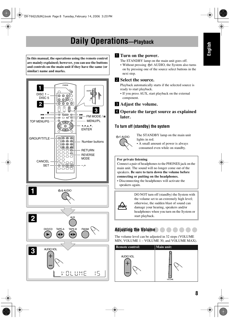 Daily operations —playback, Daily operations, Playback | English, Turn on the power, Øselect the source, Adjusting the volume | JVC DX-T66 User Manual | Page 11 / 356