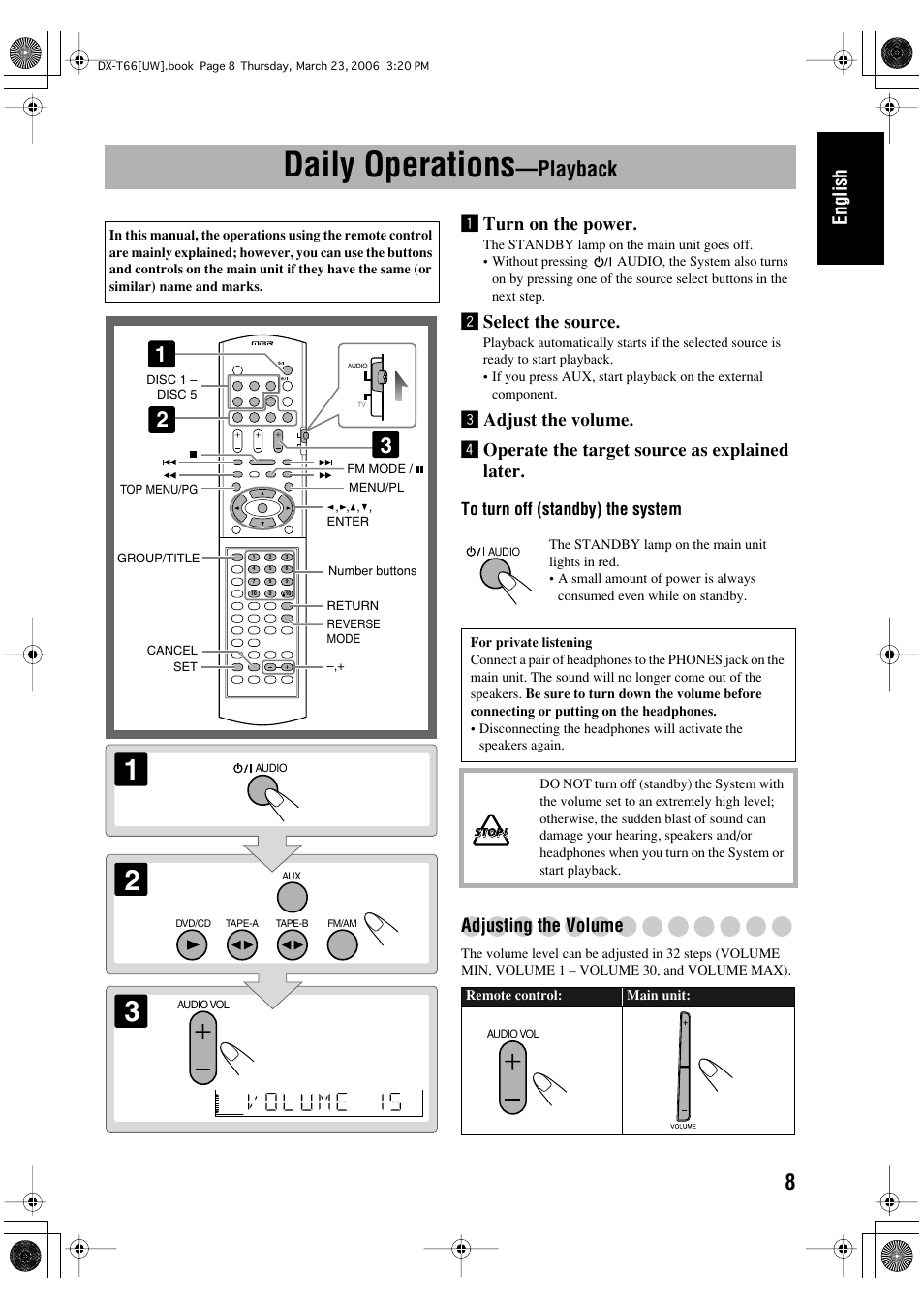 Daily operations —playback, Daily operations, Playback | English, Turn on the power, Øselect the source, Adjusting the volume | JVC DX-T66 User Manual | Page 111 / 356